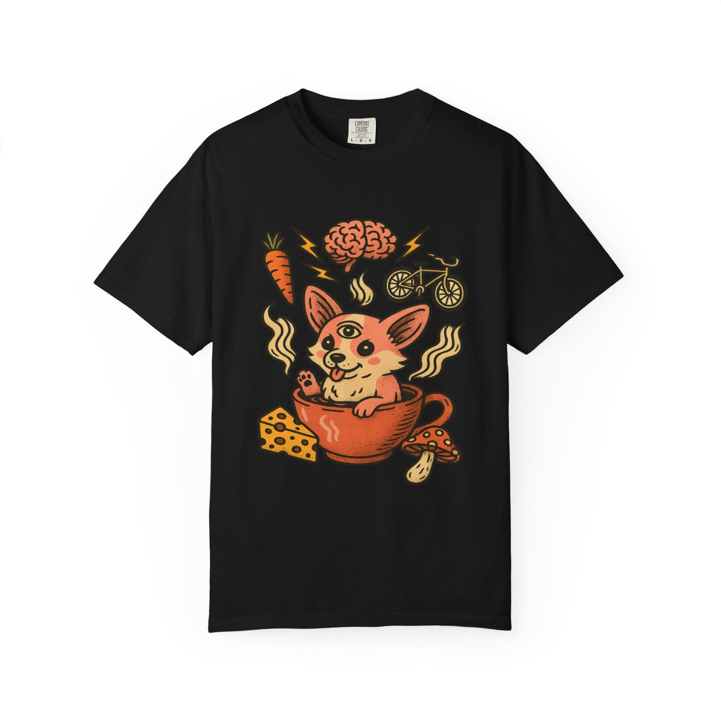 Playful Cartoon Corgi T-Shirt - Unisex Garment-Dyed Tee featuring Fun Food & Activities Design