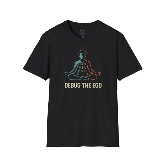 Debug the Ego Tee — Glitched Meditation Code Graphic