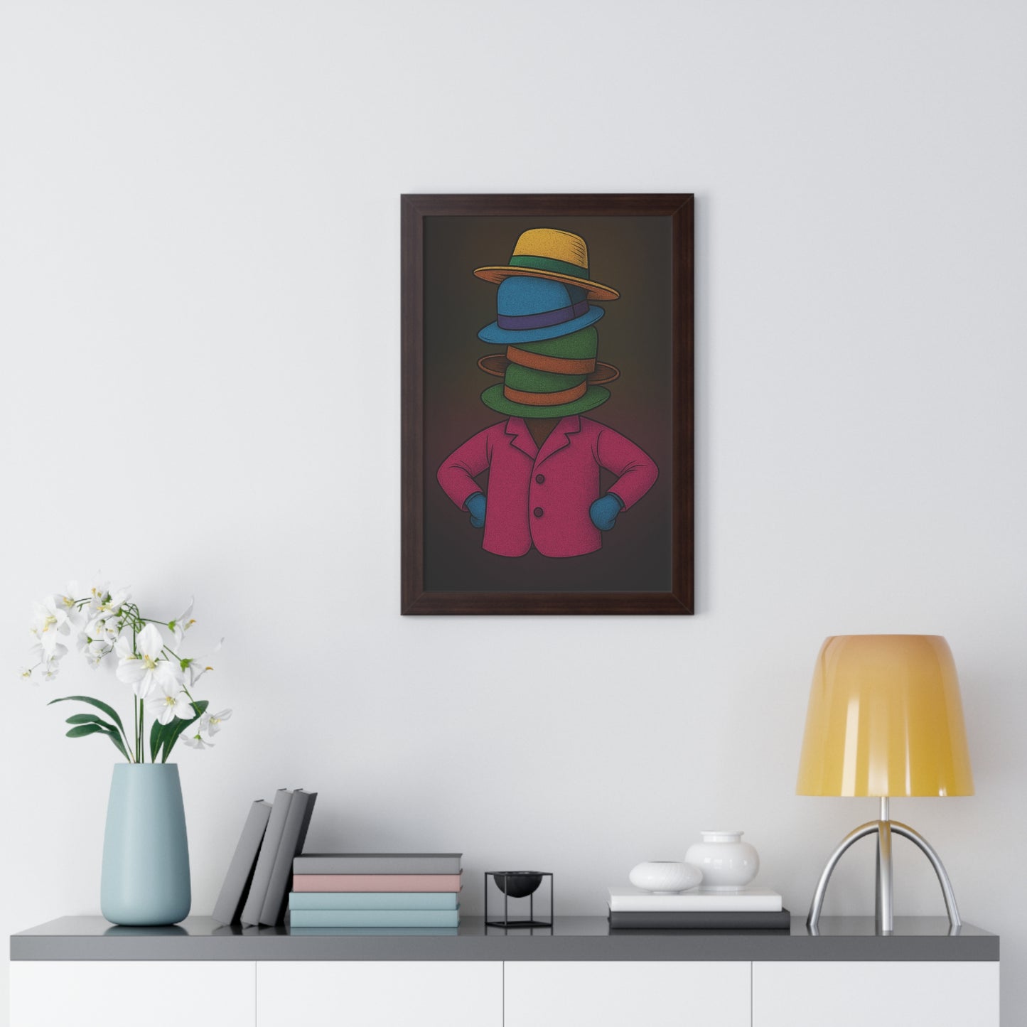 Many Hats Poster – Surreal Stacked Hat Character Wall Art Print