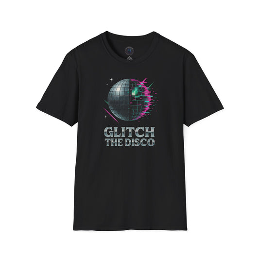 “Front view of Glitch the Disco T-shirt by Twistbug — retrofuturistic chrome disco ball with neon glitch trails.”