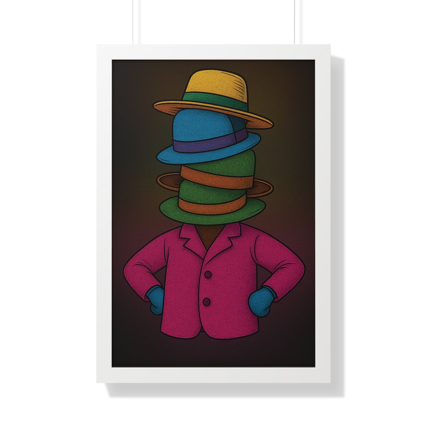 Many Hats Poster – Surreal Stacked Hat Character Wall Art Print