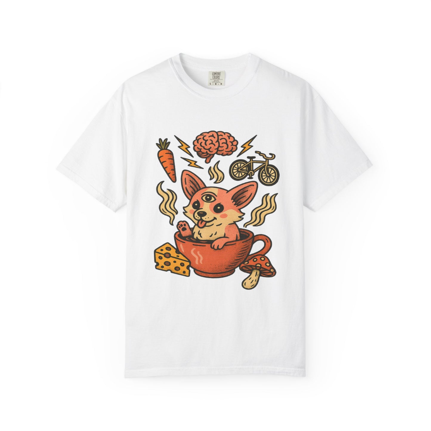 Playful Cartoon Corgi T-Shirt - Unisex Garment-Dyed Tee featuring Fun Food & Activities Design
