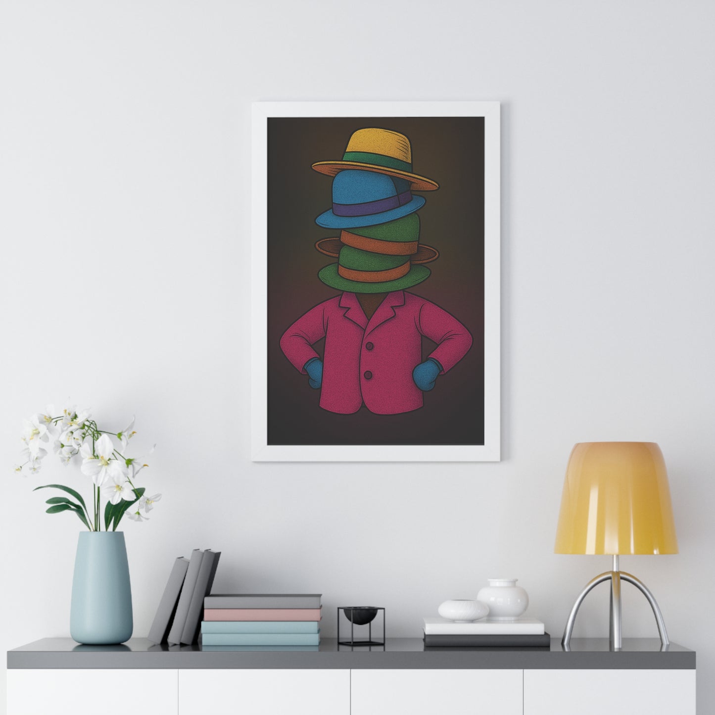 Many Hats Poster – Surreal Stacked Hat Character Wall Art Print
