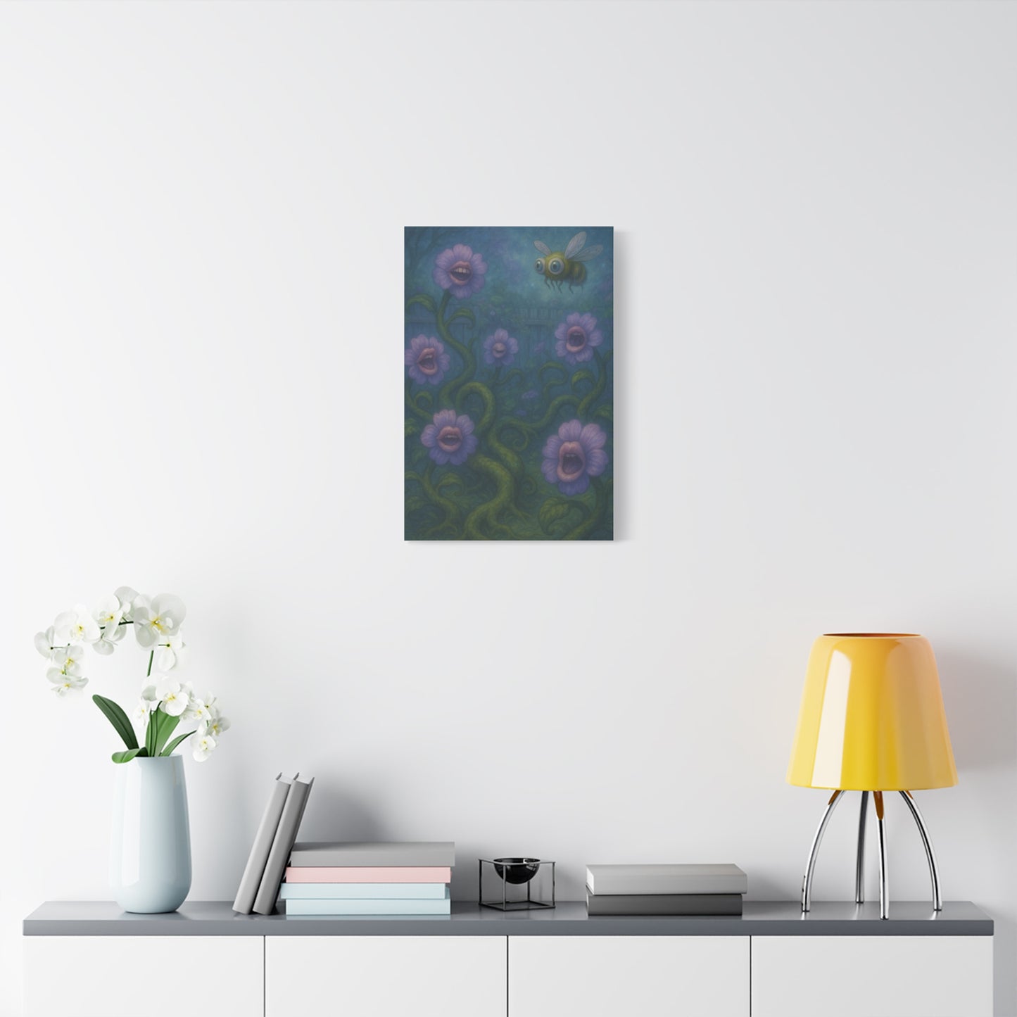 Whimsical Floral Canvas Art - Vibrant Bee and Singing Flowers