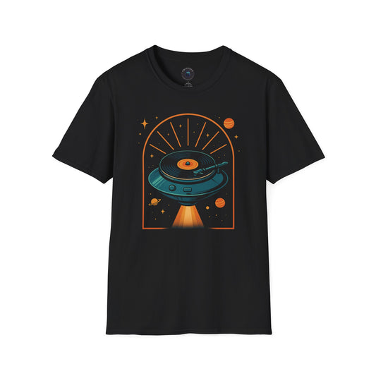 Retrofuturistic UFO Turntable T-Shirt – Space-Age Vinyl Saucer Tee