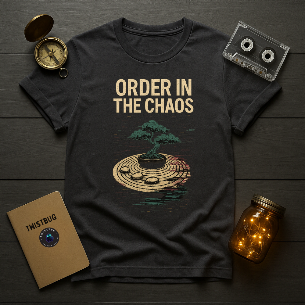 Charcoal tee, vintage beige headline and green bonsai graphic