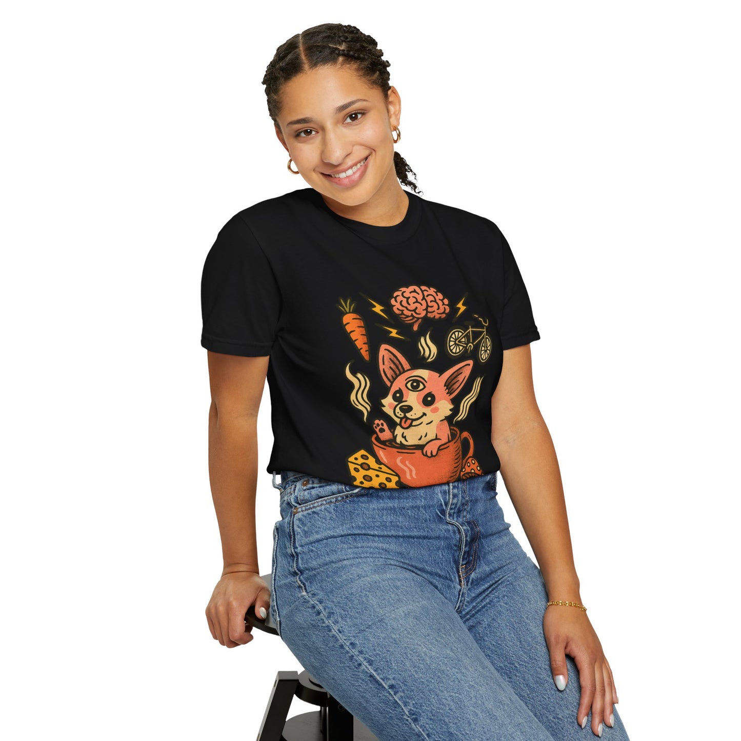 Playful Cartoon Corgi T-Shirt - Unisex Garment-Dyed Tee featuring Fun Food & Activities Design
