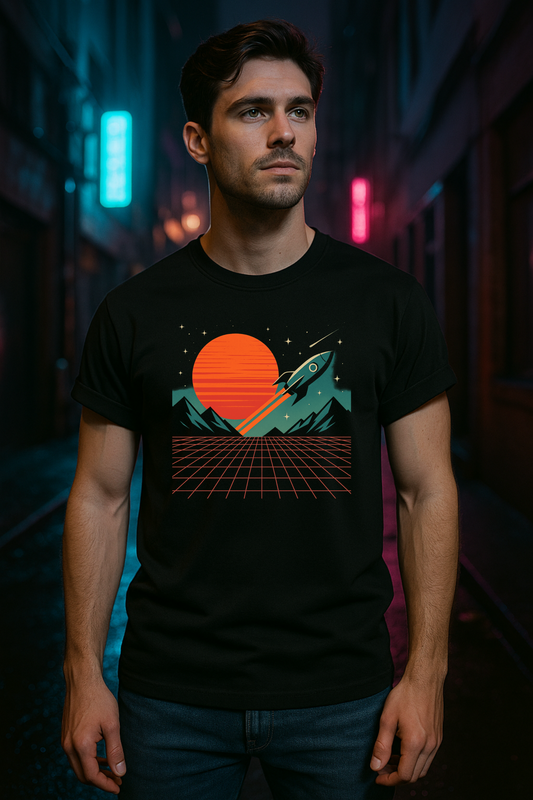 Retro Rocket T-Shirt – Synthwave Sun & Neon Grid
