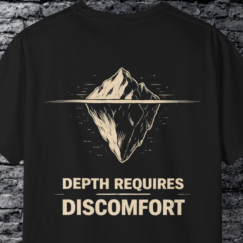 Black t-shirt with mountain graphic and 'Depth Requires Discomfort' text on a brick wall background