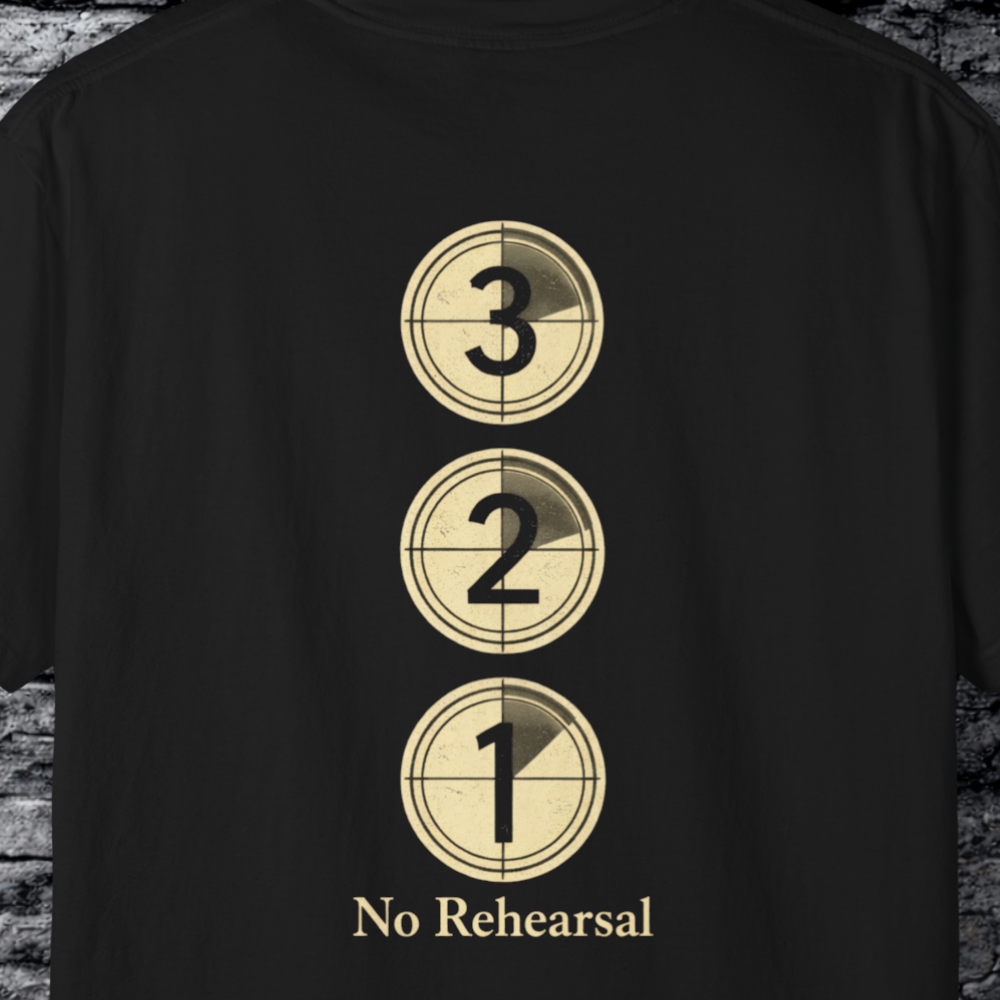 Close-up of bone ink countdown back print on black shirt