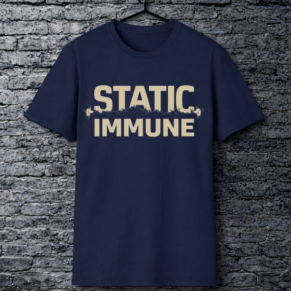 Navy blue t-shirt with 'STATIC IMMUNE' text on a textured gray background