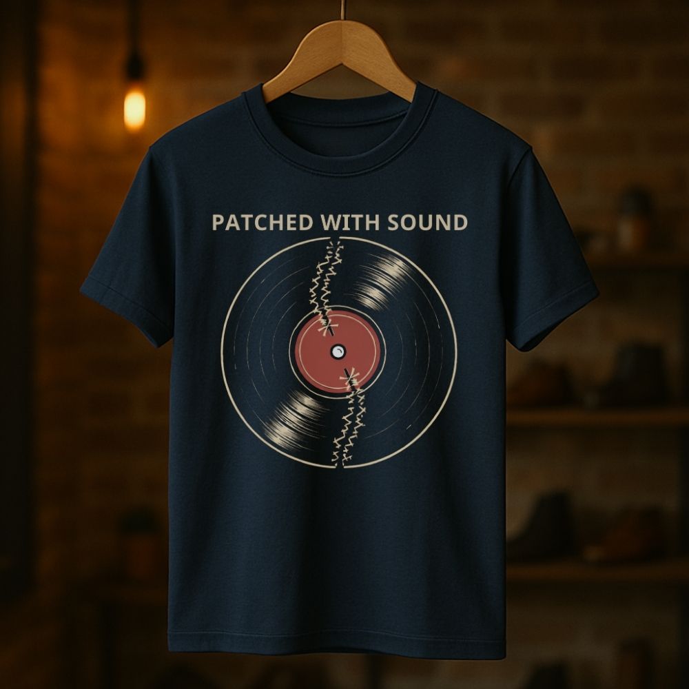 Navy blue t-shirt with vinyl record graphic and 'Patched with Sound' text on a wooden hanger against a dark background.