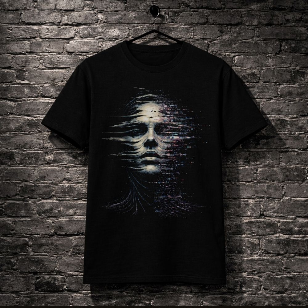 Black t-shirt with a graphic design of a face on a brick wall background