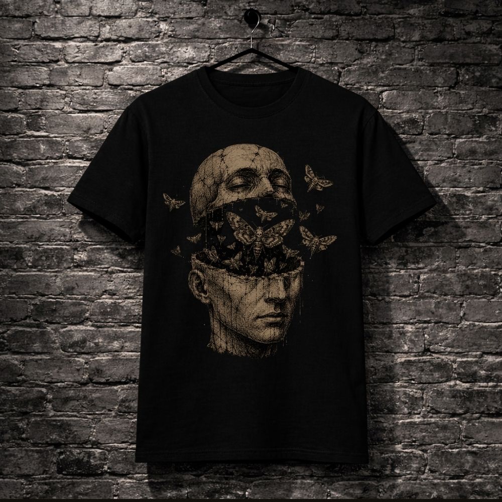 Black t-shirt with artistic design of a face and butterflies on a brick wall background