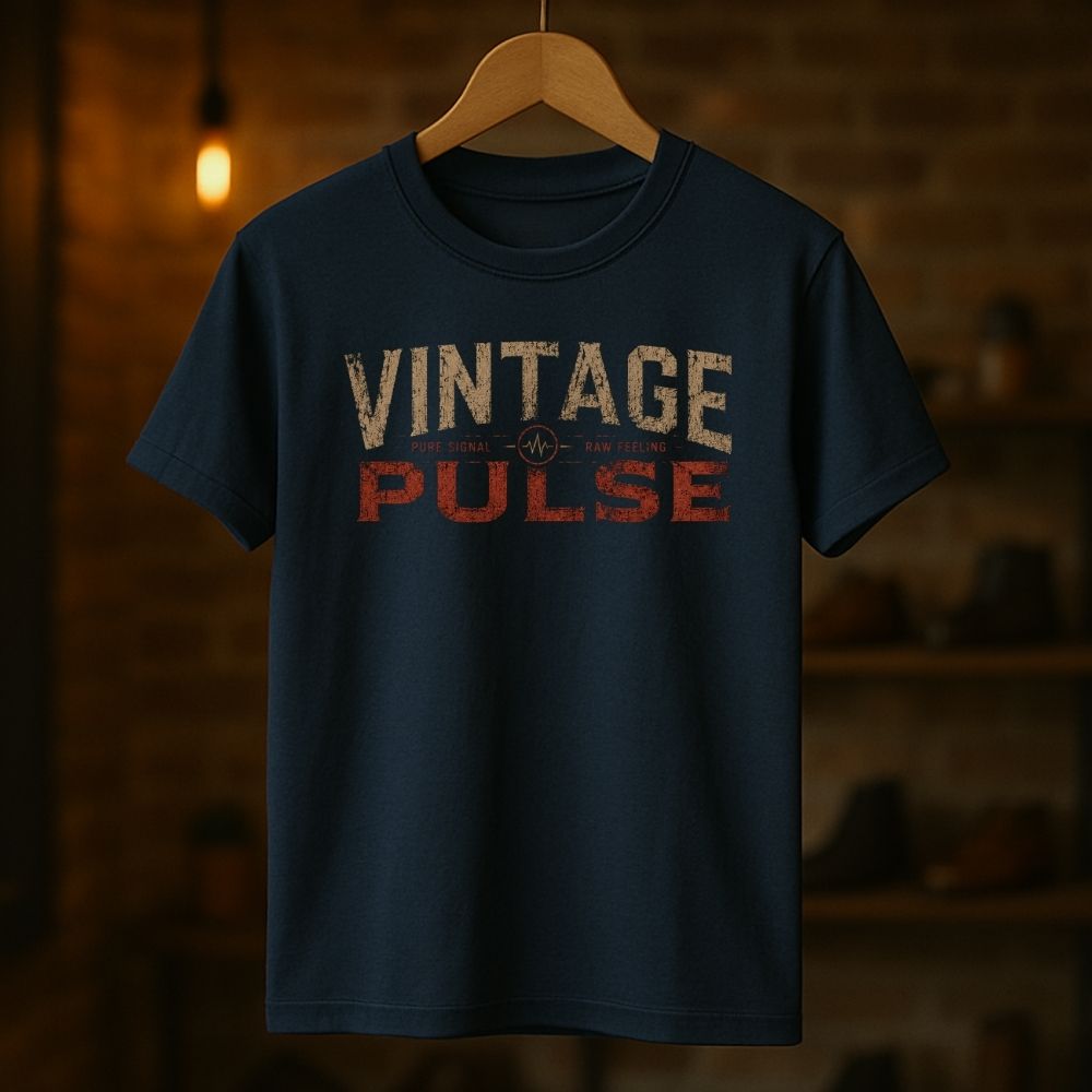 Navy blue t-shirt with 'Vintage Pulse' text on a wooden hanger against a dark background