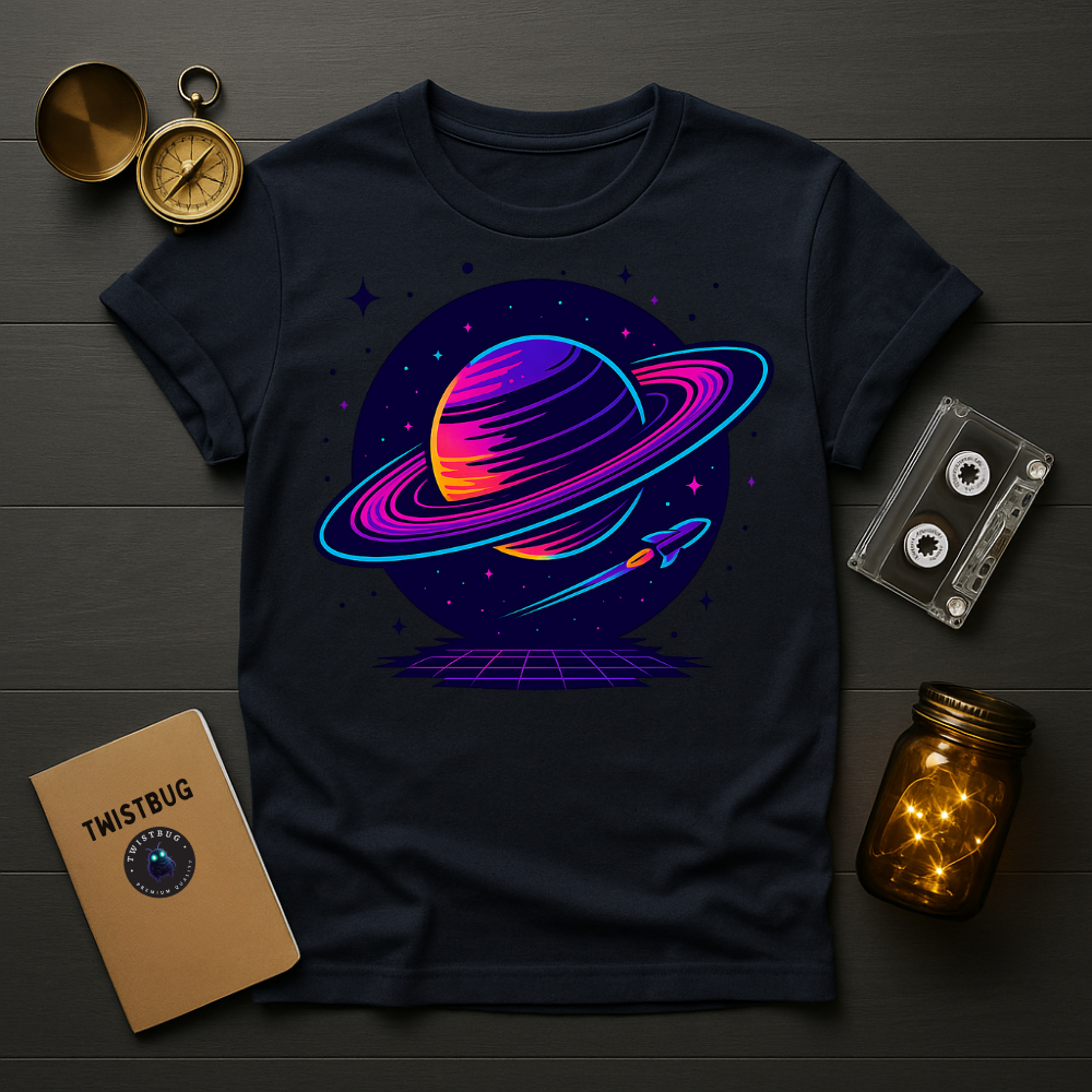 Retro 80s space graphic with grid horizon on navy T-shirt