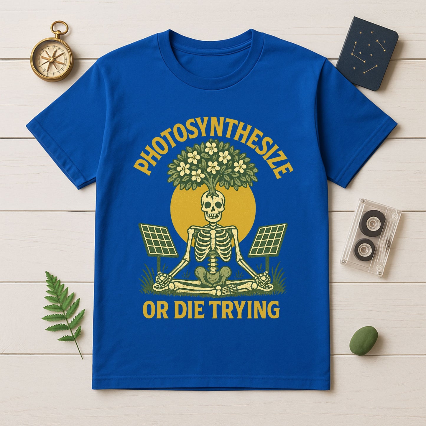 Photosynthesize or Die Trying T-Shirt – Botanical Skeleton, Solar Panels & Tree | By Twistbug