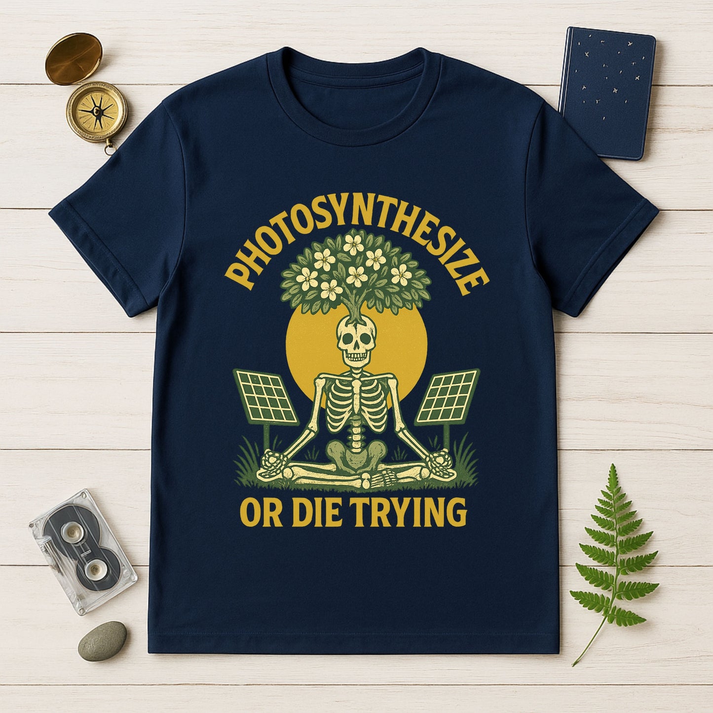 Photosynthesize or Die Trying T-Shirt – Botanical Skeleton, Solar Panels & Tree | By Twistbug