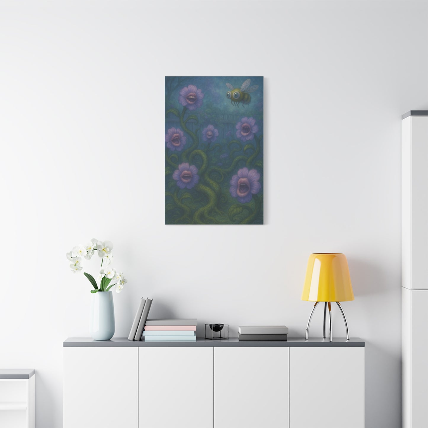 Whimsical Floral Canvas Art - Vibrant Bee and Singing Flowers