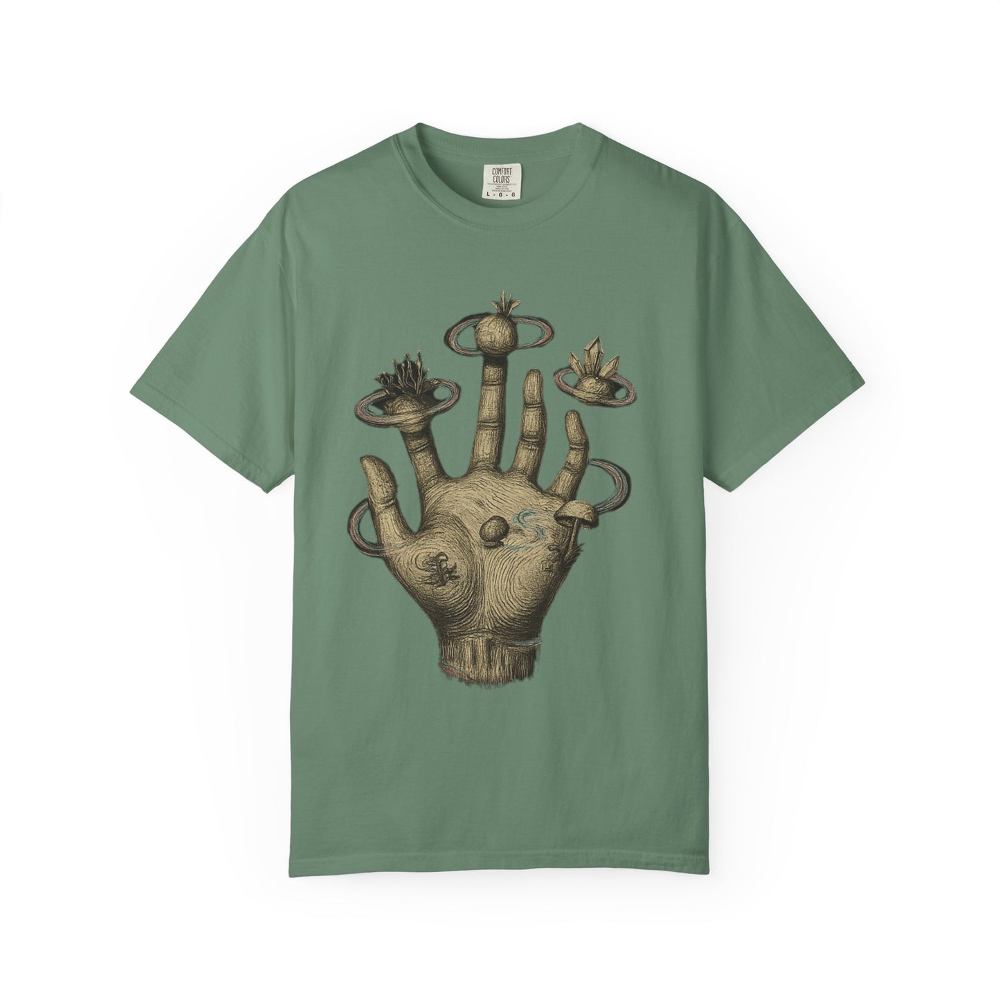Cosmic Palm T-Shirt – Surreal Hand Planet Growth Graphic Tee | Twistbug