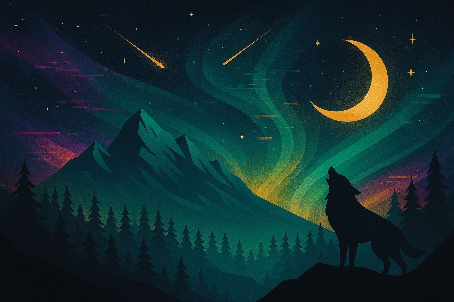 Wolf silhouette banner — moon and mountains, Shop Wildlife.