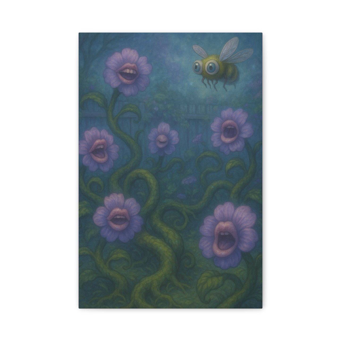 Whimsical Floral Canvas Art - Vibrant Bee and Singing Flowers