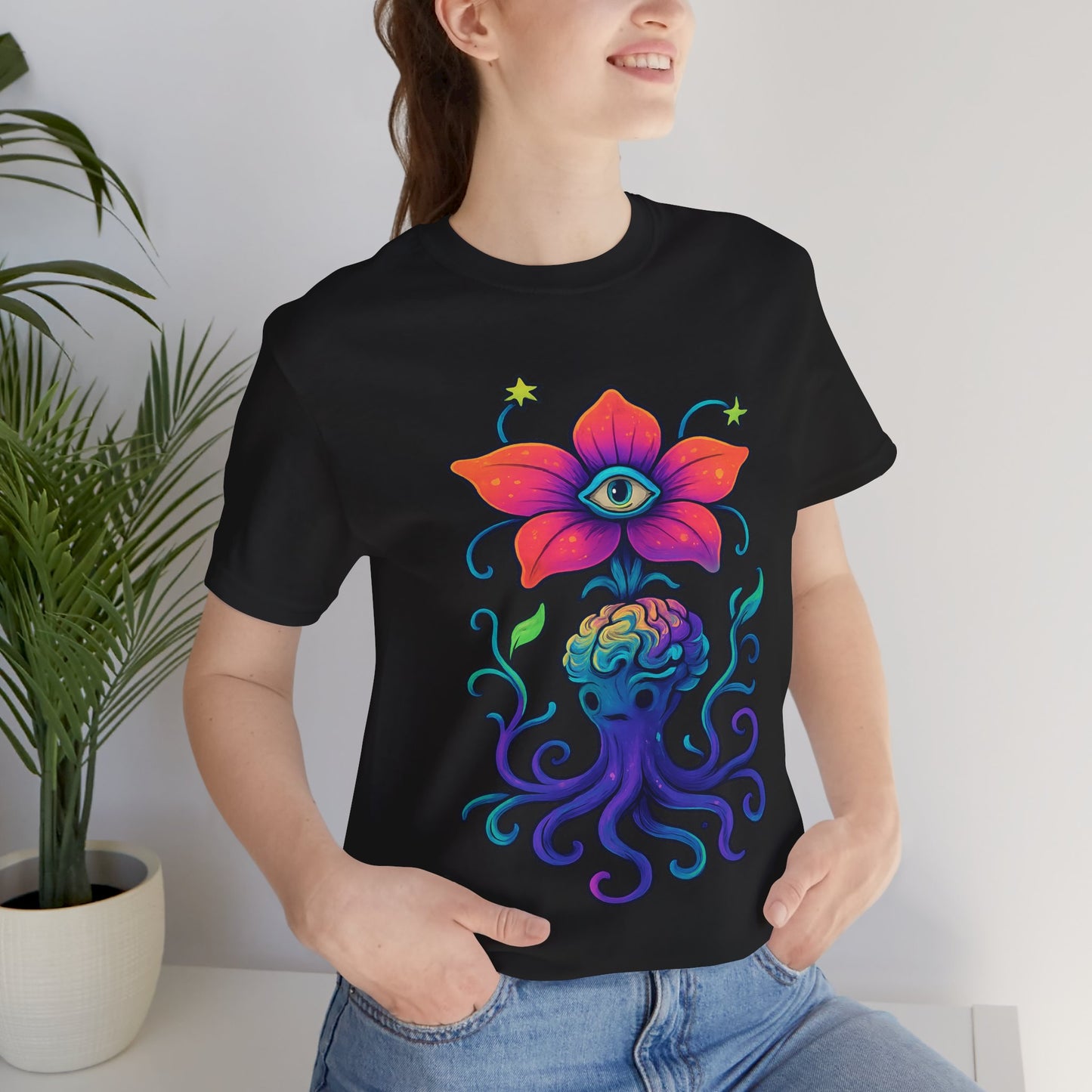 Mystical Eye Flower Unisex Jersey Tee - Colorful Graphic Tee for Nature Lovers