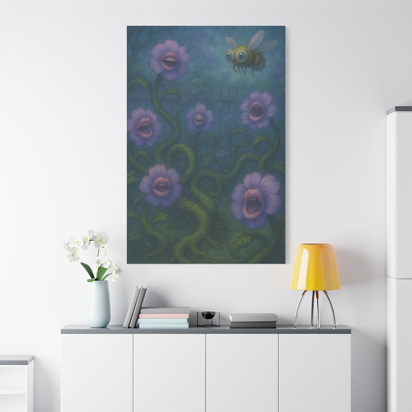 Whimsical Floral Canvas Art - Vibrant Bee and Singing Flowers