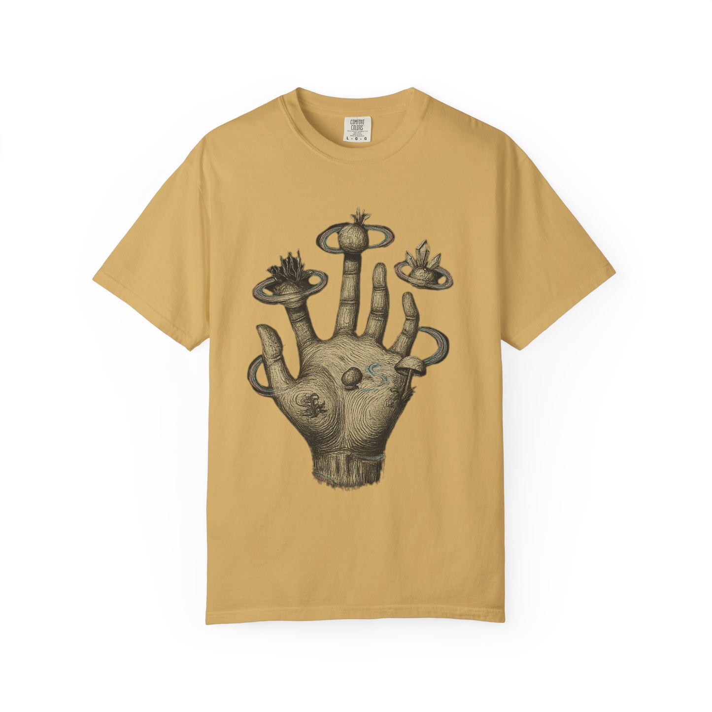 Cosmic Palm T-Shirt – Surreal Hand Planet Growth Graphic Tee | Twistbug