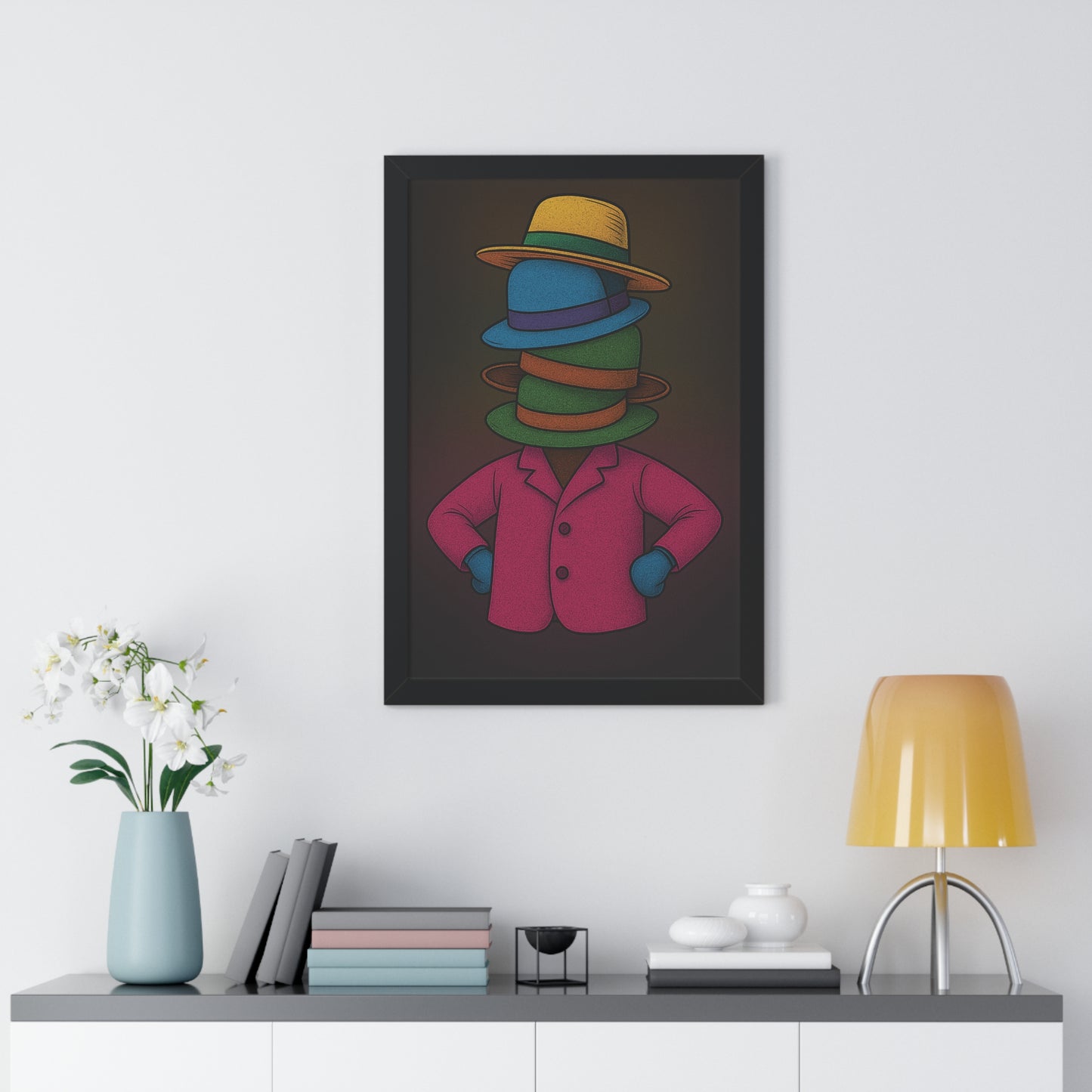 Many Hats Poster – Surreal Stacked Hat Character Wall Art Print
