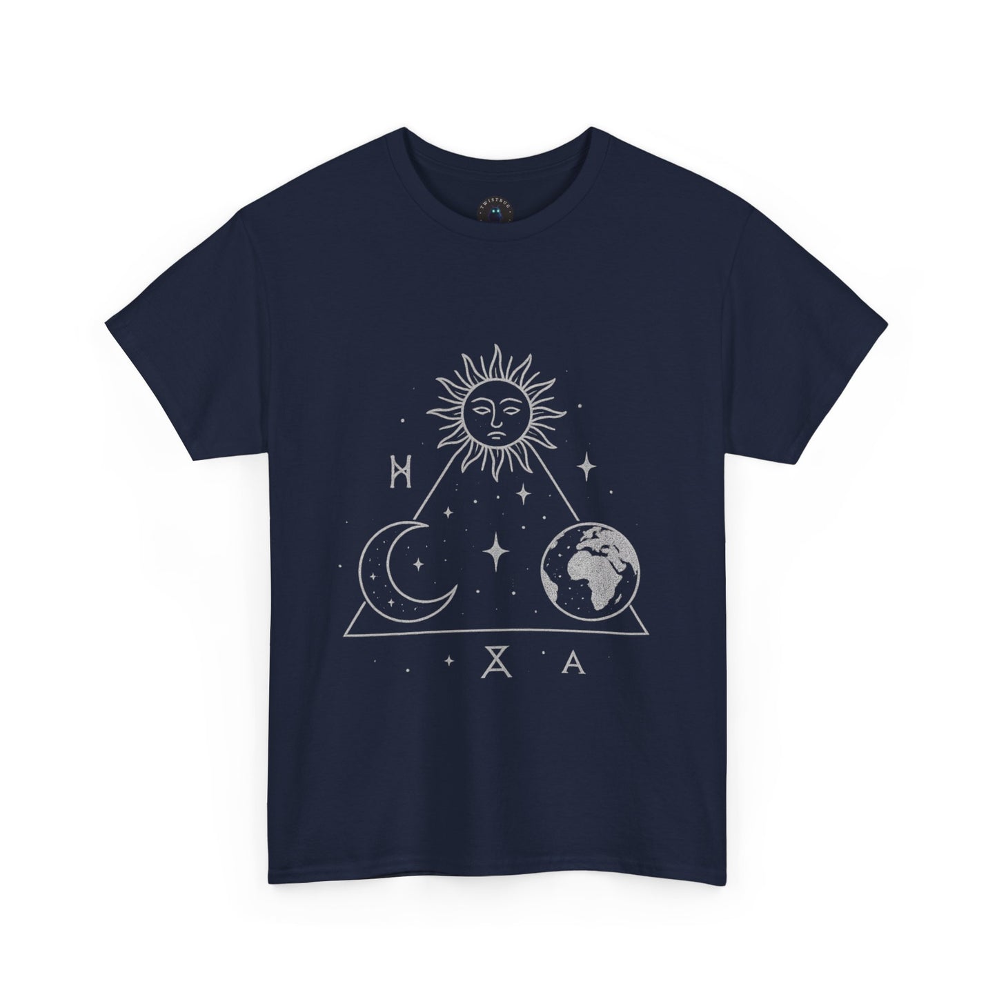 Solar Triad T-Shirt – Mystic Sun Moon Earth Symbolic Tee | Twistbug