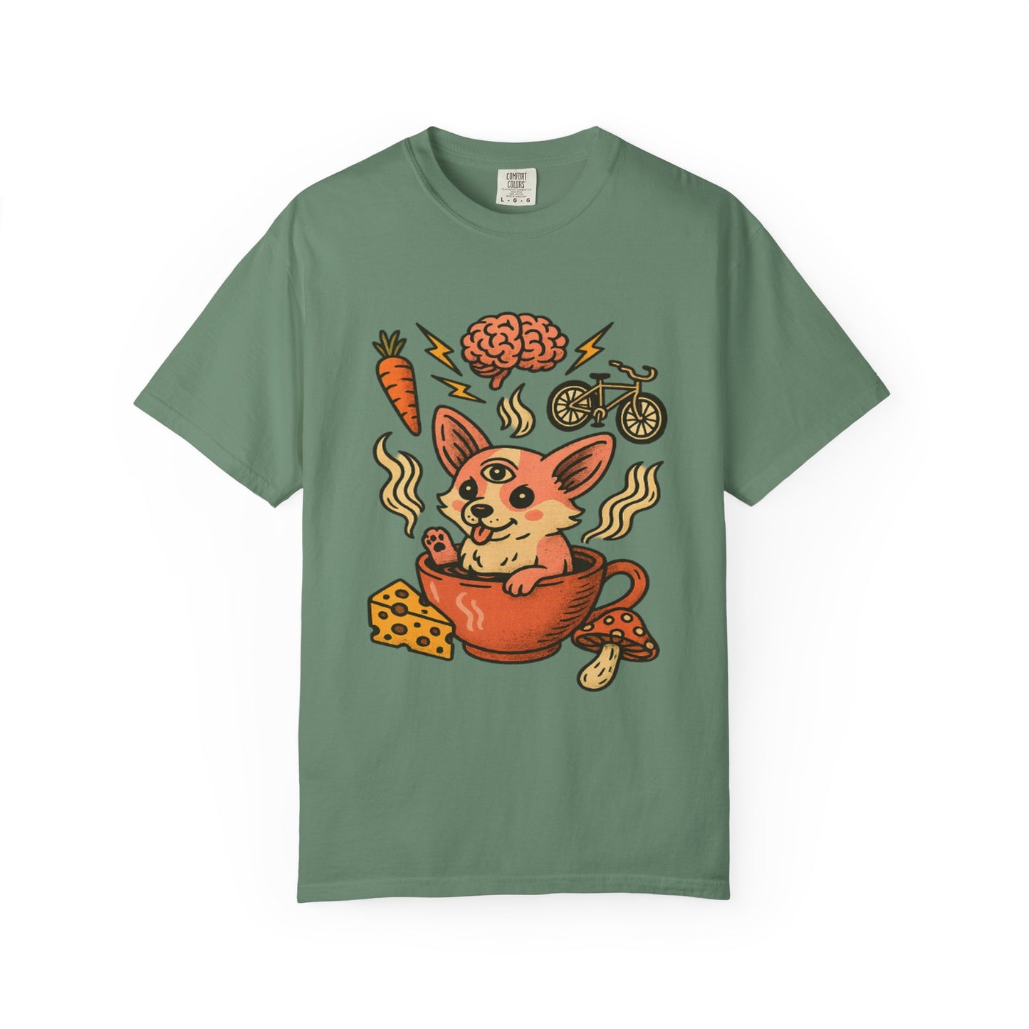 Playful Cartoon Corgi T-Shirt - Unisex Garment-Dyed Tee featuring Fun Food & Activities Design