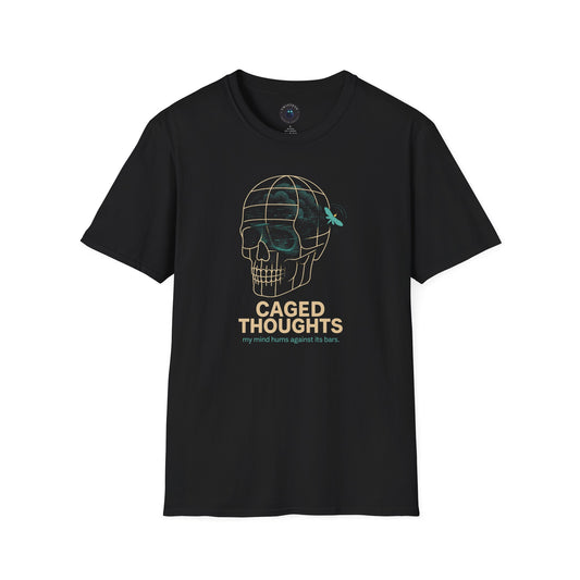 Caged Thoughts T-Shirt – Surreal Skull & Firefly Design