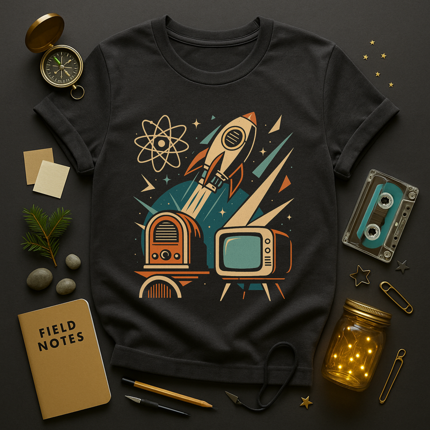 Atomic age stars, rocket launch, radio and television tee