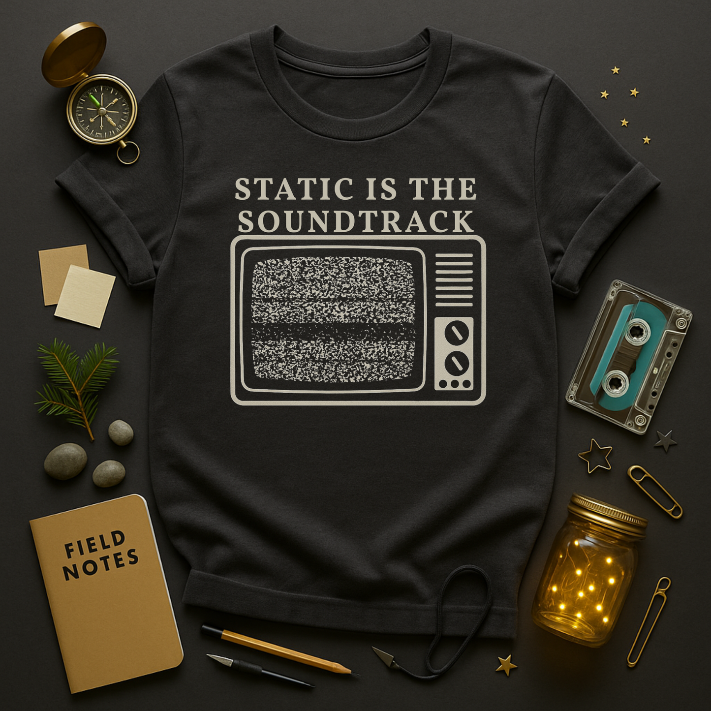 Vintage TV noise shirt in bone ink on black