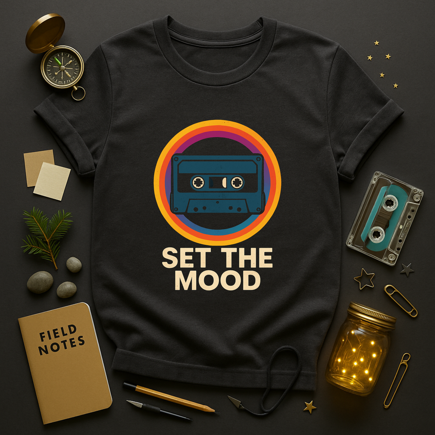 Retro tape shirt with bold Set the Mood typography