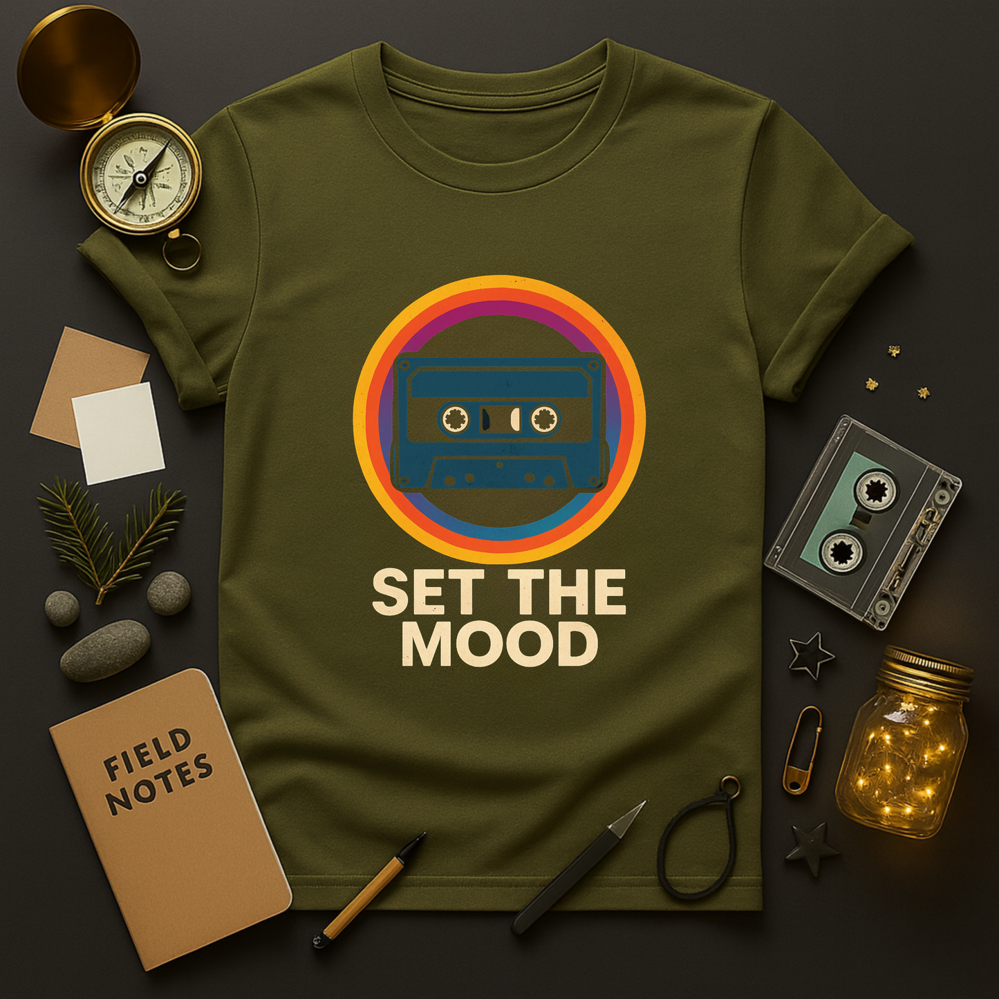 Vintage cassette graphic tee with sunset circle rings