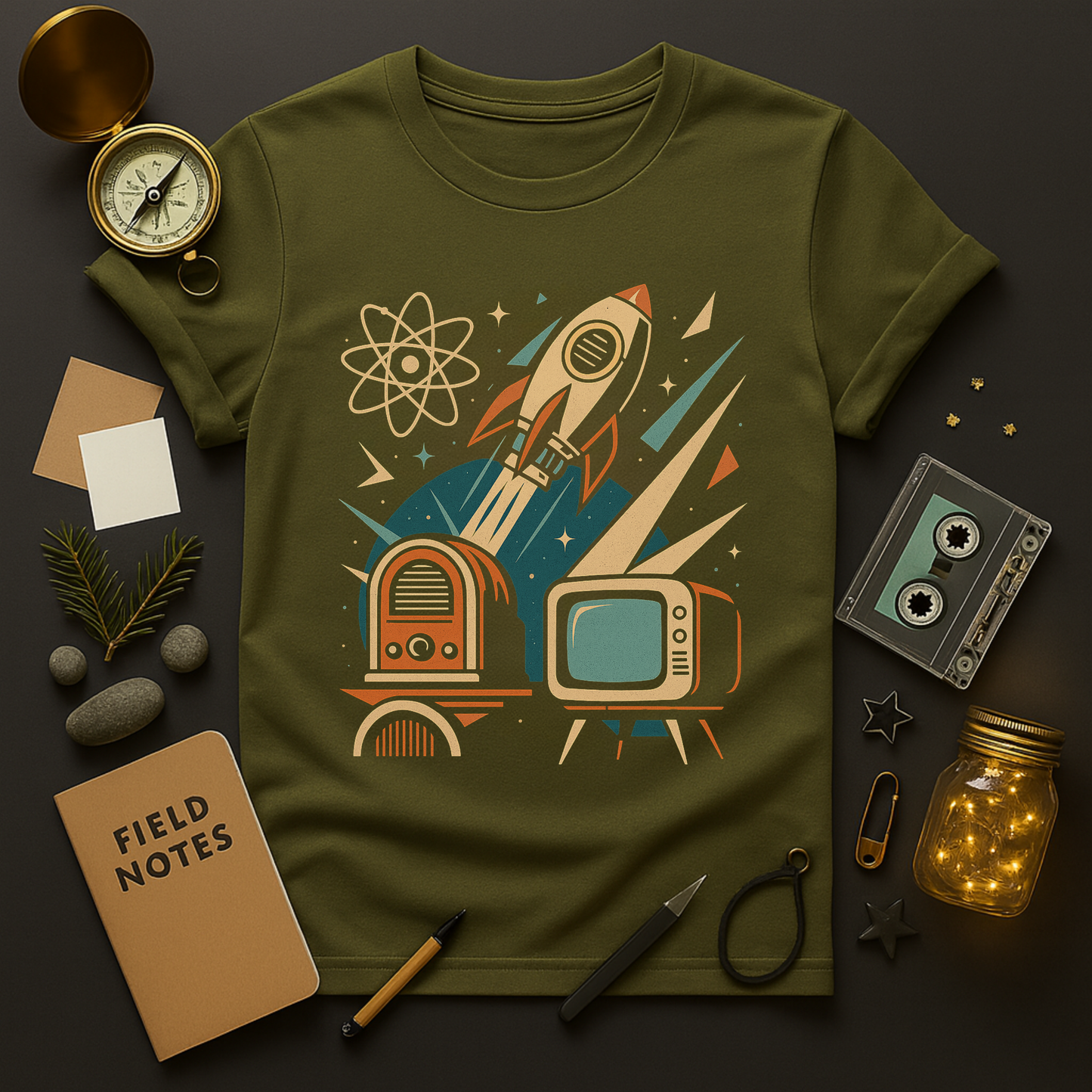 Atomic age stars, rocket launch, radio and television tee