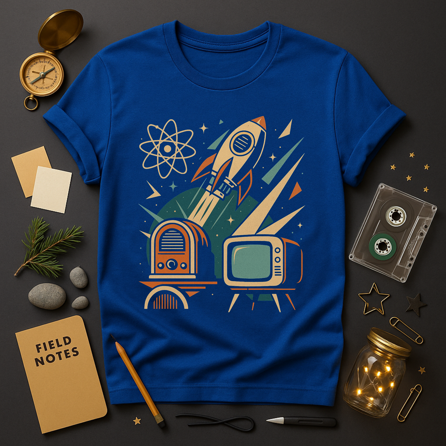 Retro tech nostalgia shirt in bone, teal and orange