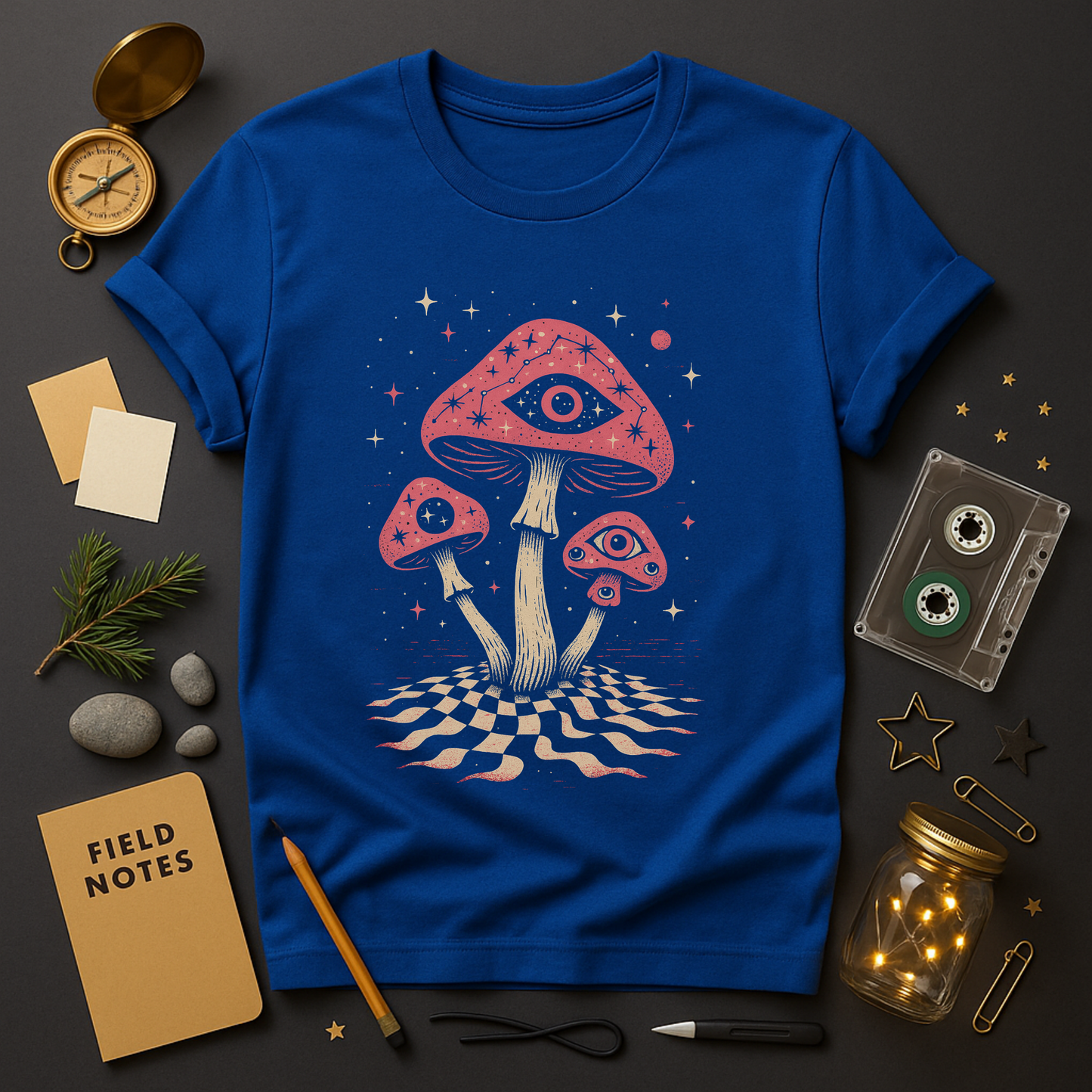 Surreal mushrooms with eye motif and starfield