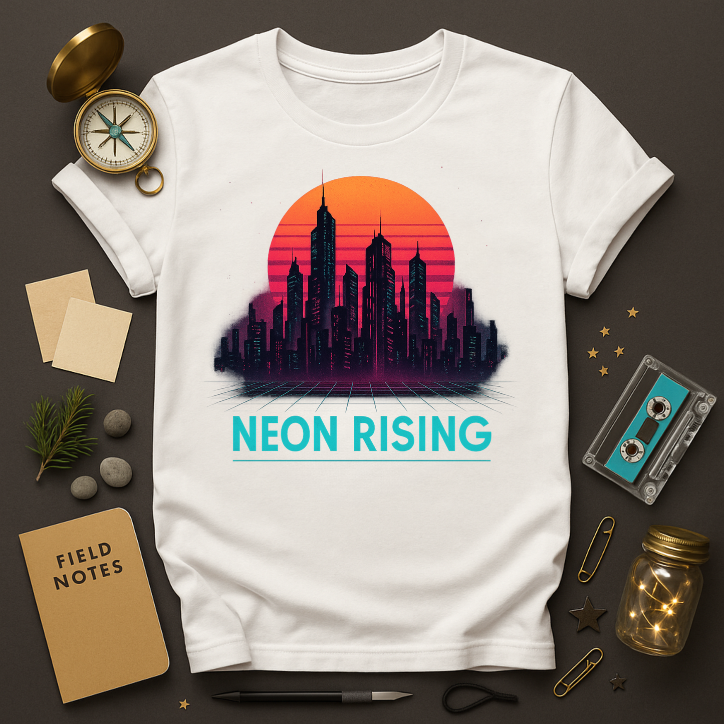 "White graphic t-shirt with neon cyberpunk city skyline under retro sunset, text Neon Rising — synthwave streetwear by Twistbug."