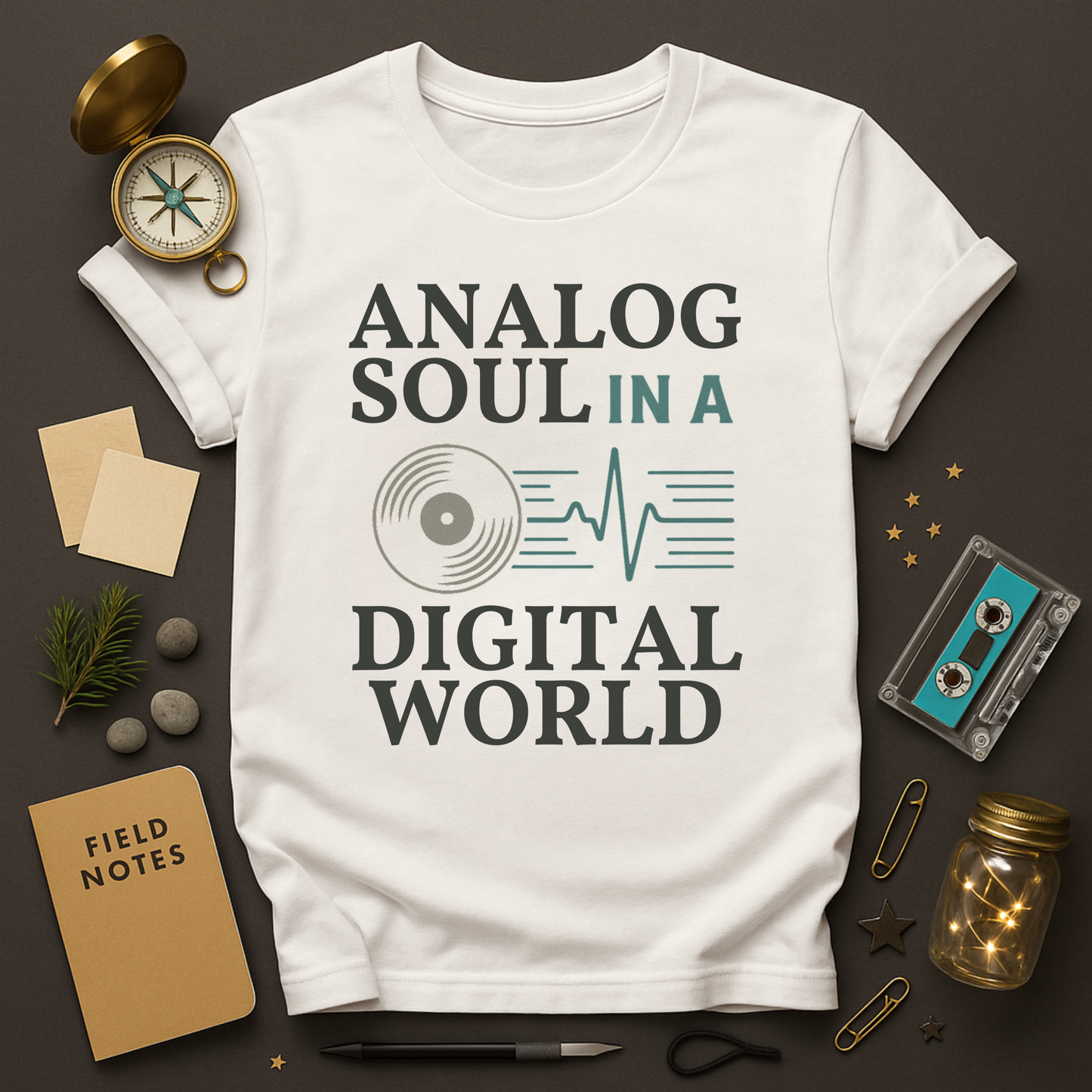 Analog Soul in a Digital World t-shirt — vinyl record and waveform
