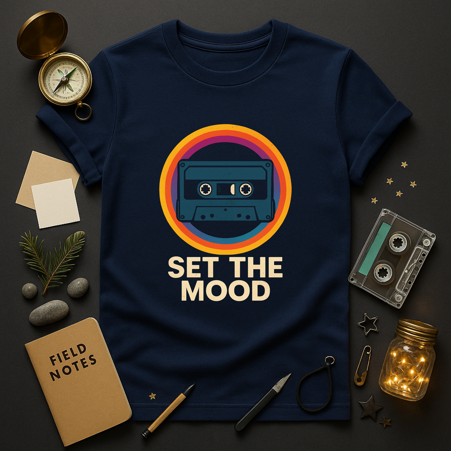 Vintage cassette graphic tee with sunset circle rings