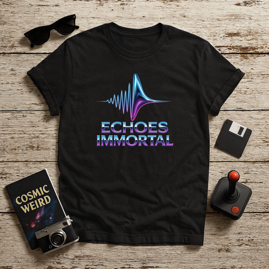 “Black retrofuturistic t-shirt with neon waveform and Echoes Immortal text in chromatic colors – Twistbug Retrofuturistic Collection.”