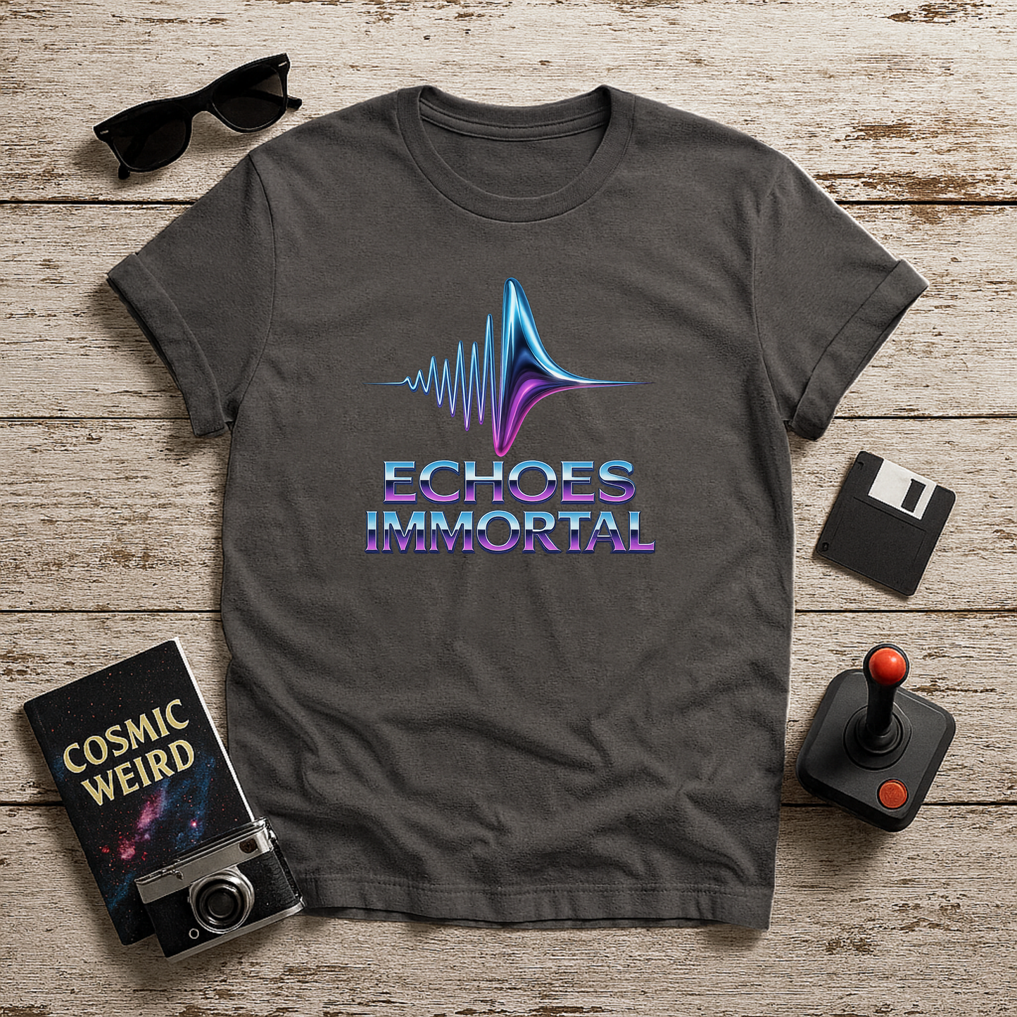 “Charcoal retrofuturistic t-shirt with neon waveform and Echoes Immortal text in chromatic colors – Twistbug Retrofuturistic Collection.”