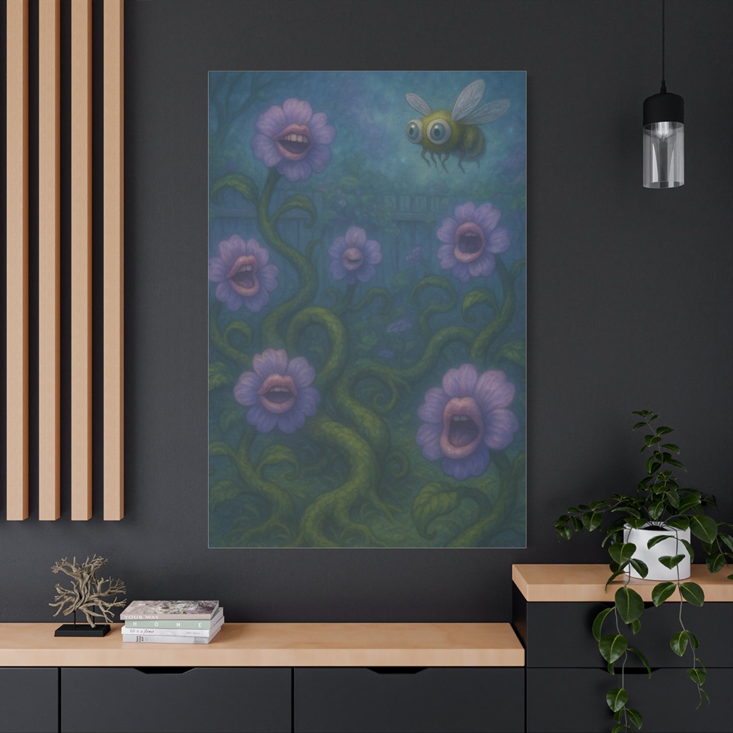 Whimsical Floral Canvas Art - Vibrant Bee and Singing Flowers