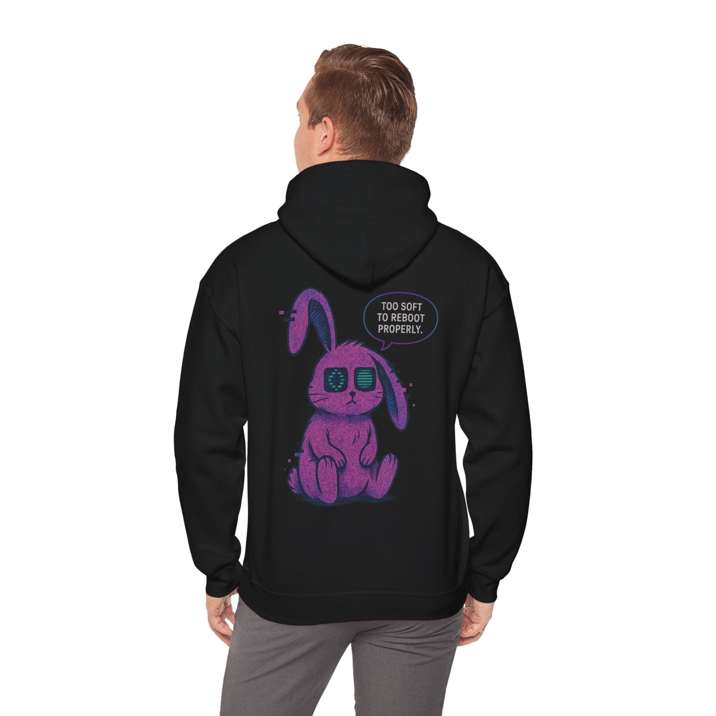 "Too Soft to Reboot" Glitch Bunny Hoodie – Cybercore Plush Goth Aesthetic