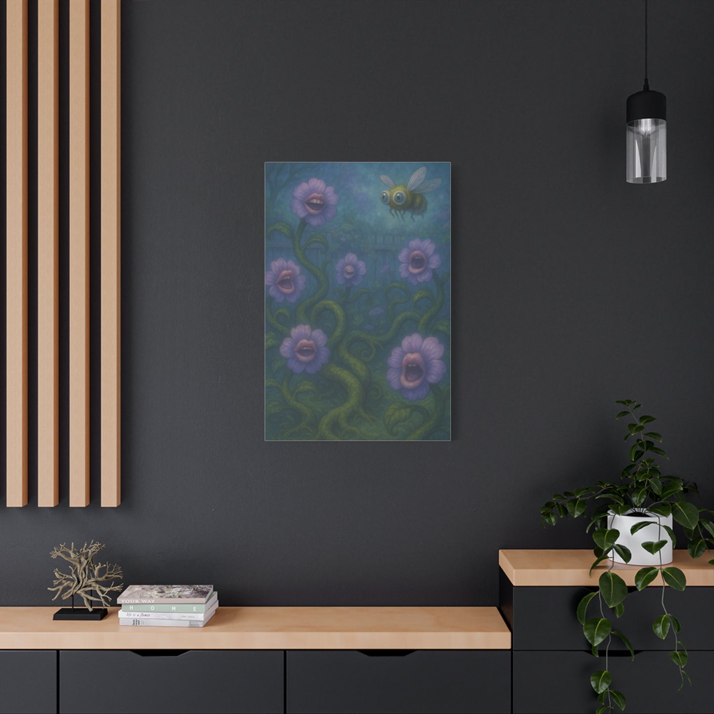 Whimsical Floral Canvas Art - Vibrant Bee and Singing Flowers