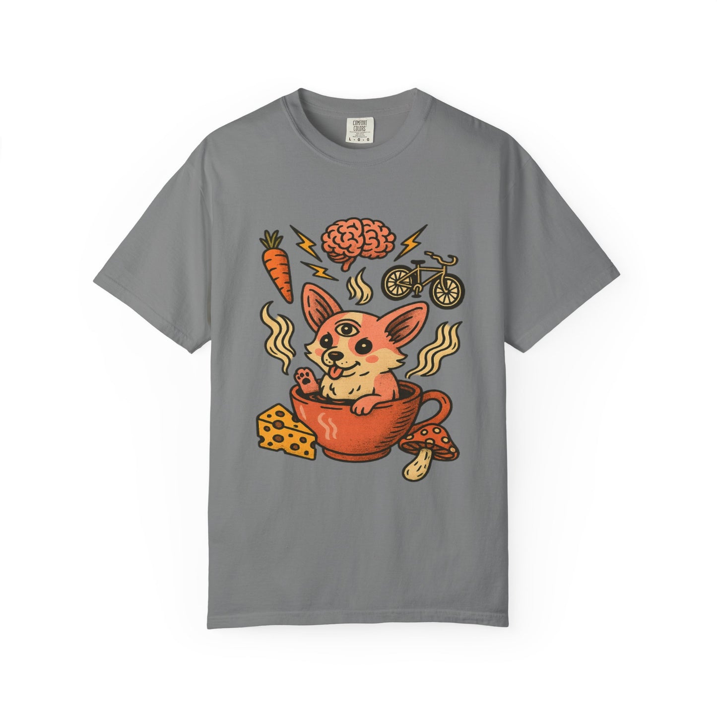 Playful Cartoon Corgi T-Shirt - Unisex Garment-Dyed Tee featuring Fun Food & Activities Design