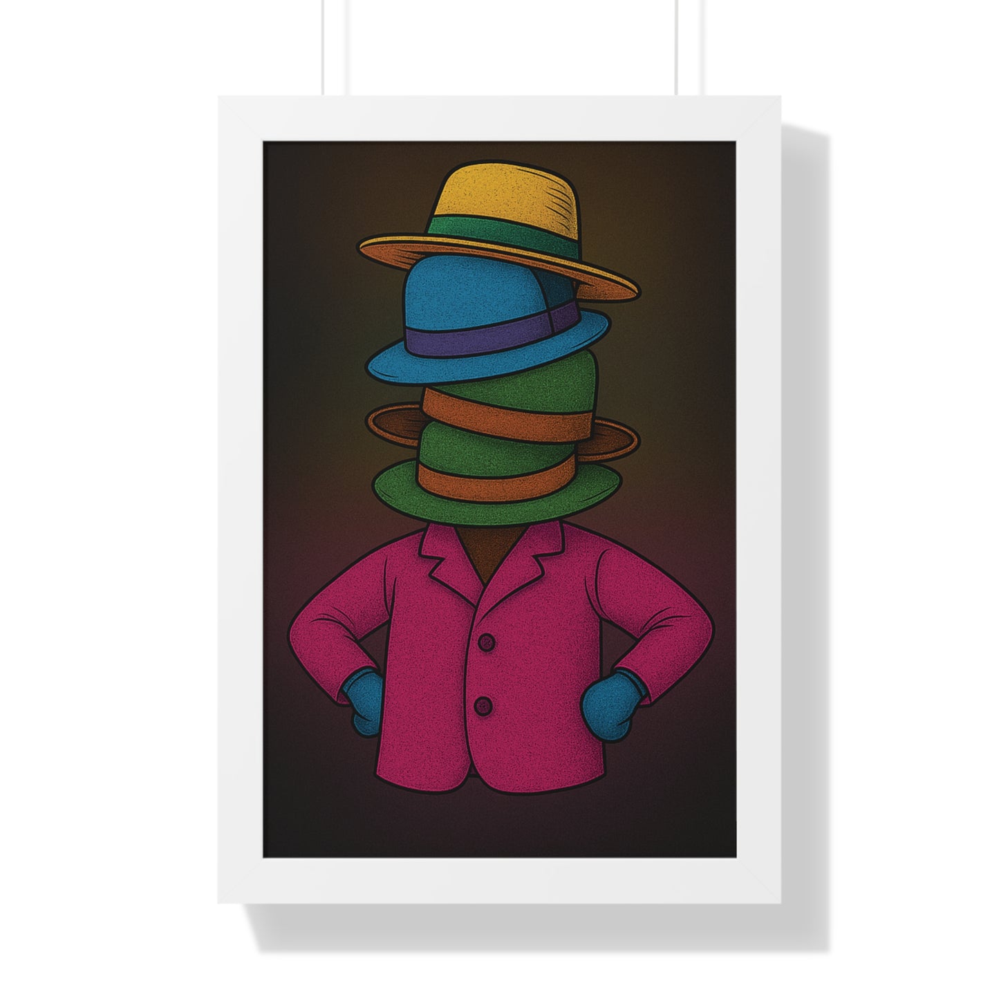 Many Hats Poster – Surreal Stacked Hat Character Wall Art Print